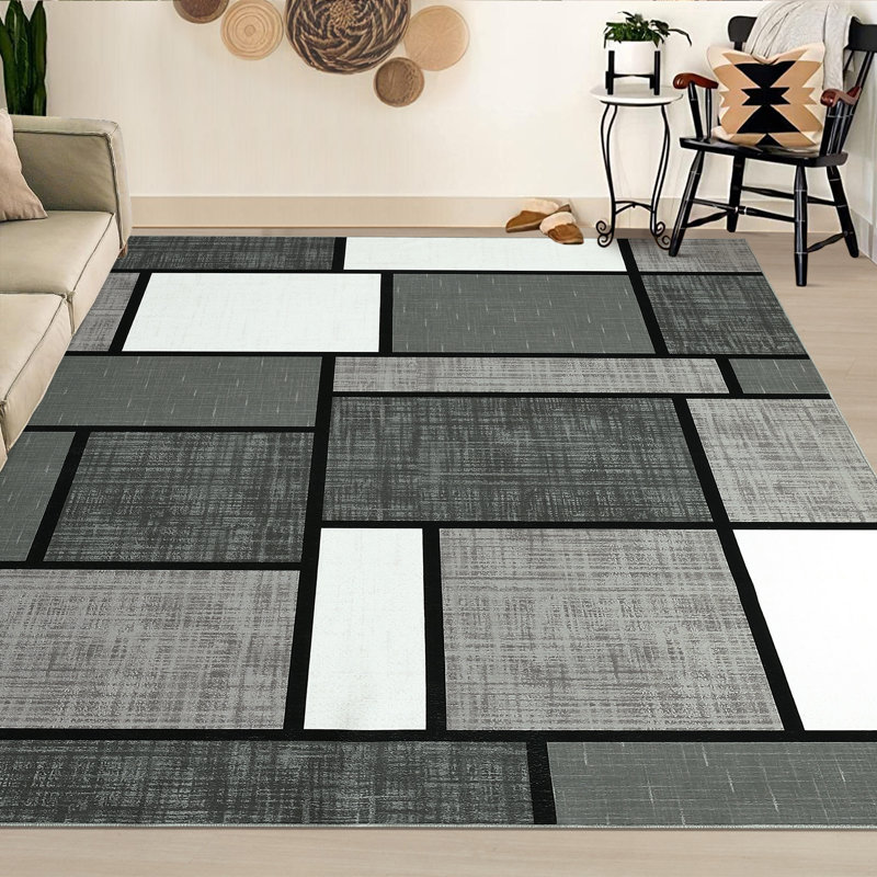 Tapis gris délavé à motif géométrique moderne et lavable, Rectangle 9 pi x 12 pi