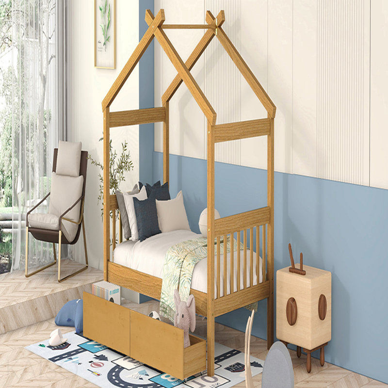 Lit simple, maison en bois avec tiroirs, Lit simple, Brun