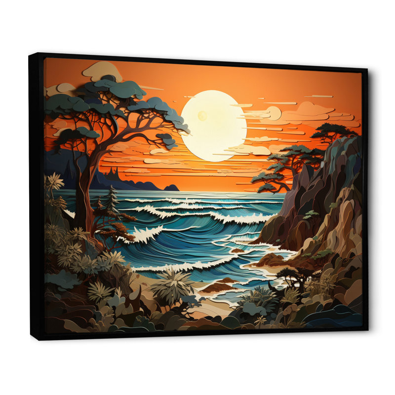 «Coastal Collage At Sunset II», reproduction d'art sur toile, Cadre flottant noir, H 34 po x l 44 po x P 1,5 po
