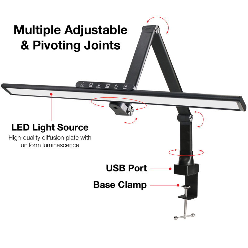 Clamp-On LED Desk Lamp with 5 Modes, Sensor, USB Ports & Timer - Black
