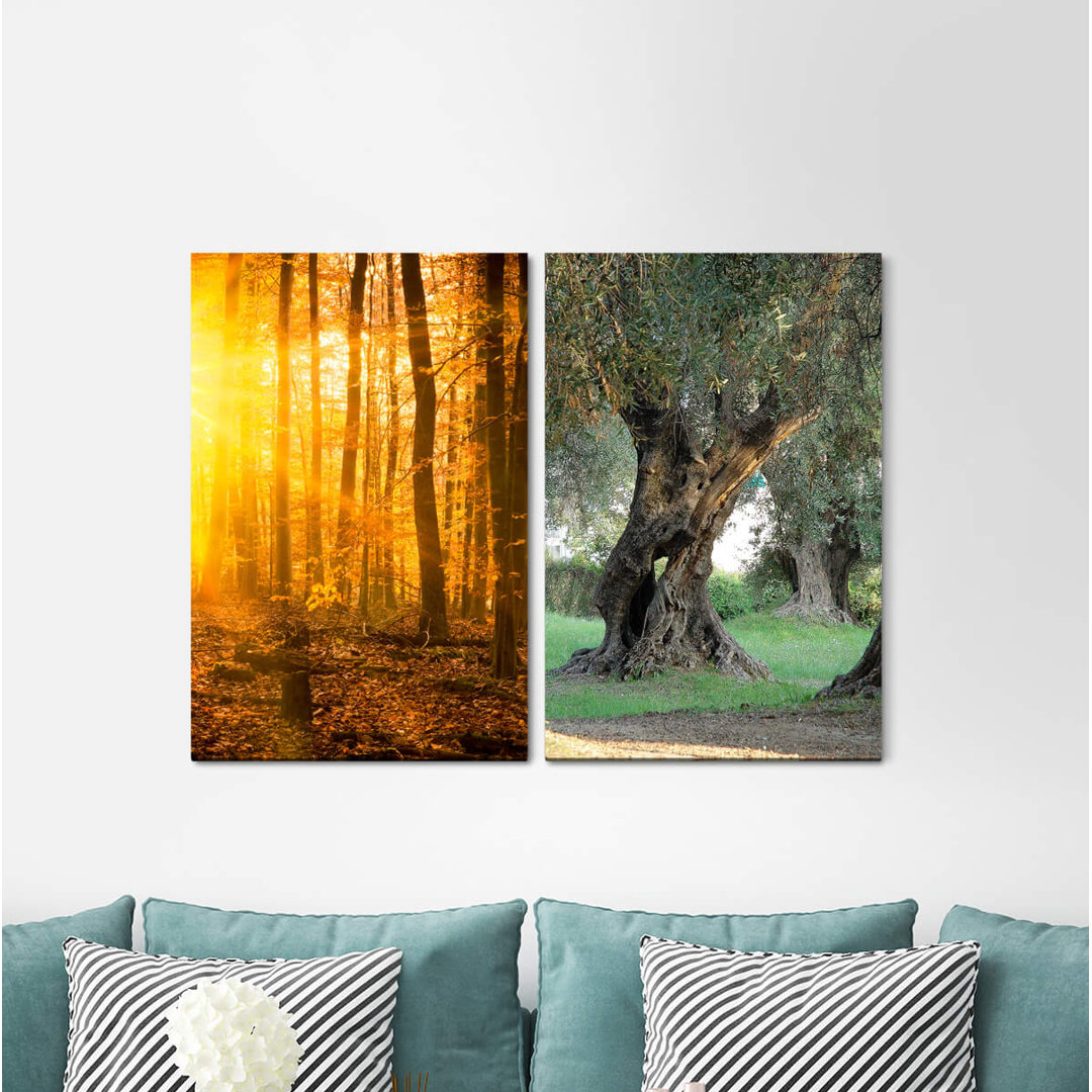 2-tlg. Leinwandbilder-Set - Fotografie „Forest Autumn Sunbeams Healing Warm Light Calming Positive Energy”