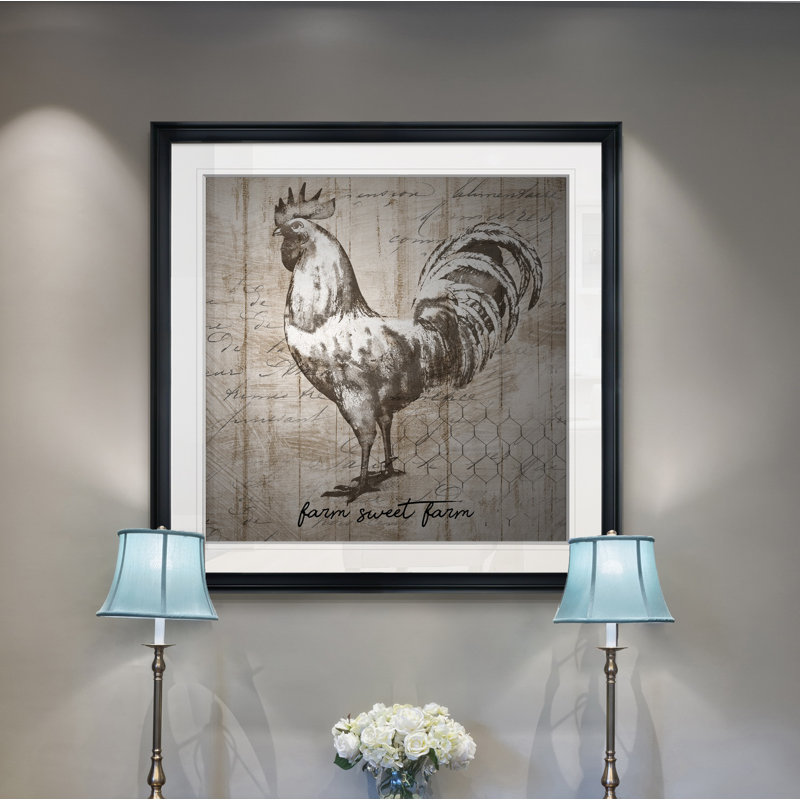 « farm coq », peinture, H 28 po x l 28 po x P 1,5 po, Cadre noir