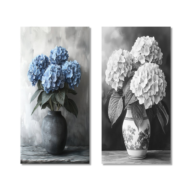 Hydrangea In Monochrome Vase I - Floral Canvas Prints 2 Panels, 28" H x 25" W, Wrapped Canvas