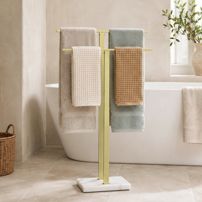 KES Freestanding Towel Rack 2-Tier 33''H Dual T-Shape Towel Stand with Weighted Marble Base for Bathroom 18/8 Stainless Steel, Brushed Gold