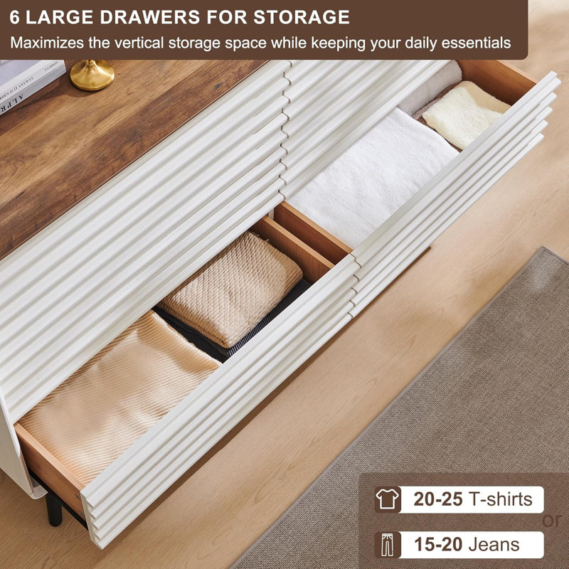 54 Inch Wide 6-Drawer Double Dresser, Mid-Century Modern Fluted Style, Wide Storage Chest for Bedroom & Living Room, White