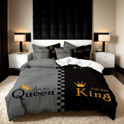Shenglei Gray/Black Crown Print Microfiber Duvet Cover Set with 2 Pillowcases, King (Inserts Not Included)