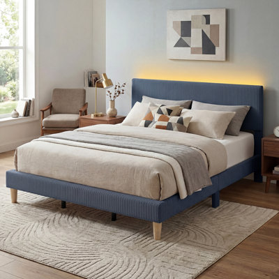 Abe Aadi Corduroy Upholstered Platform Bed with Channel-Tufted Headboard, Modern Bed Frame with Soft Padded Edges and Ambient LED