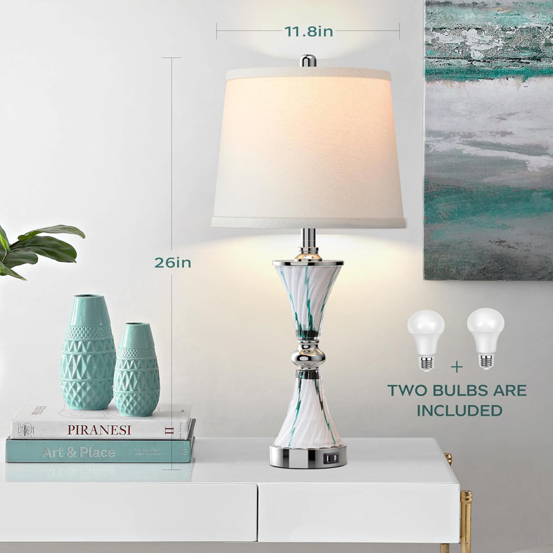 Touch Control Table Lamp For Bedrooms 3 Way Dimmable White Drum Shade Modern Bedsides Nightstand Lamp Set Of 2 With 2 USB Charging Port(Bulbs Included)