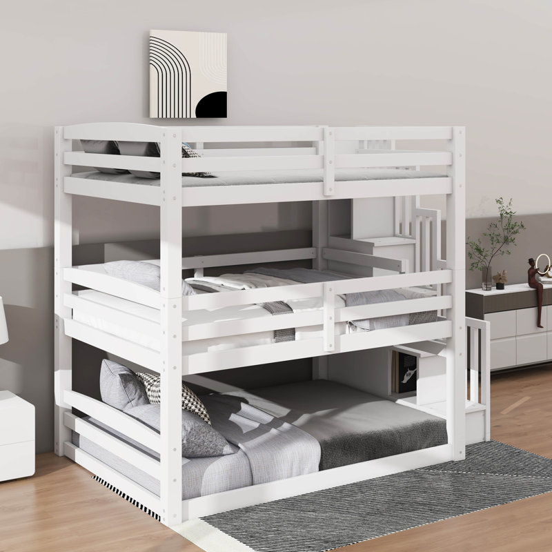 Full Size Triple Bunk Bed With Staircase, White