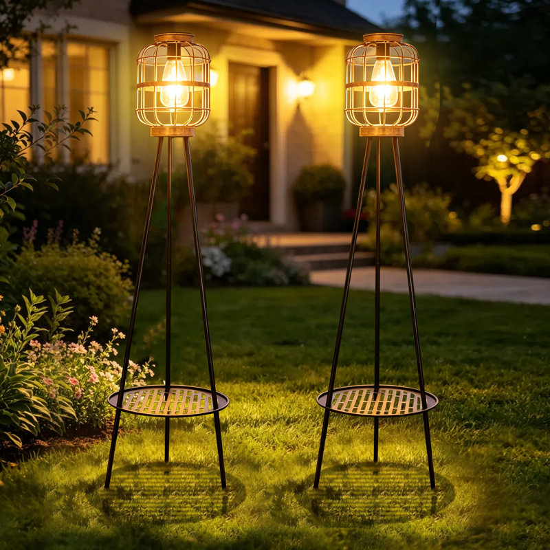 Ensemble de 2 lampes sur pied pour l'extérieur avec support à plantes, lanterne en métal rétro pour jardin