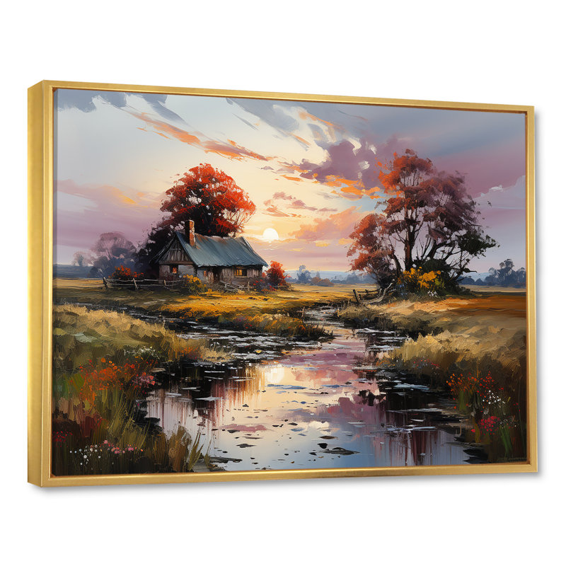 «Countryside Cottage Charm In Winter I», art mural sur toile, H 12 po x l 20 po x P 1 po, Cadre flottant doré