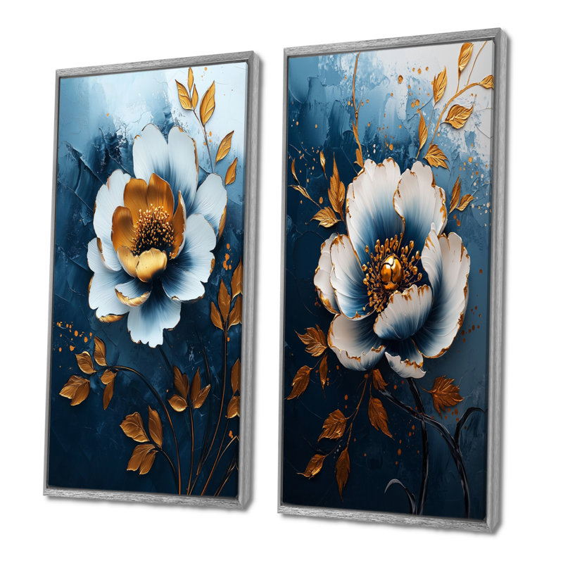 Or et sarcelle pivoine Bloom I - ensemble d'art mural pivoines 2 pièces, H 32 po x l 32 po, Impression encadrée