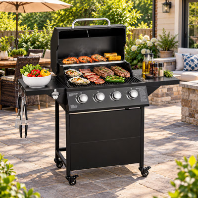 4-burner Propane Gas Bbq Grill With Wheels, 40,000 Btu Output Gas Barbecue Grill For Backyard,camping & Outdoor Cooking,easy Assembly