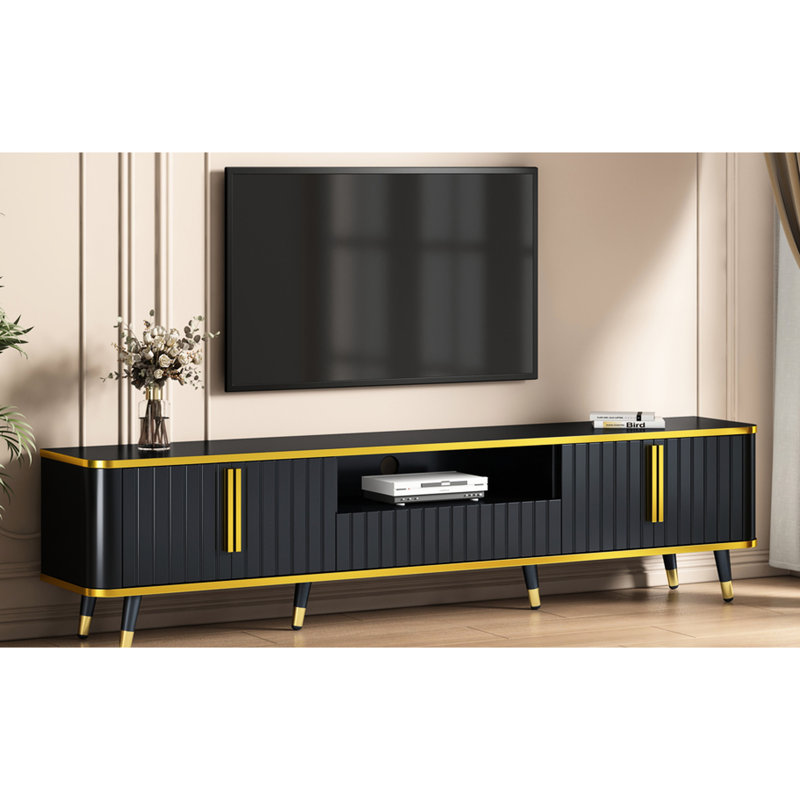 Élégante meuble télé 85 po, tablette ouverte, armoires, tiroir, support pour téléviseur noir et doré, agencement de couleurs dorées, nombreuses options de rangement, construction