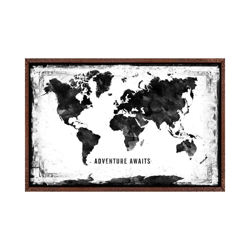 Black And White Framed World Map - Print on Canvas, Classic Brown Wood Framed, 101.6cm H x 152.4cm W x 3.81cm D