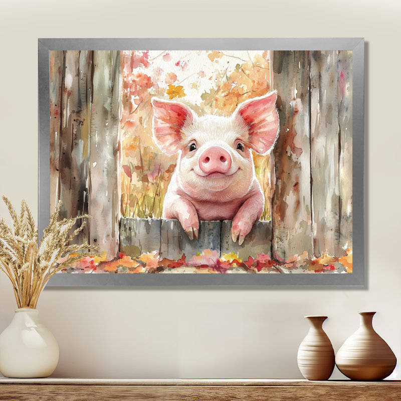 Portrait de cochon à la grange - décoration murale cochon, H 30 po x l 40 po, Cadre simple argenté