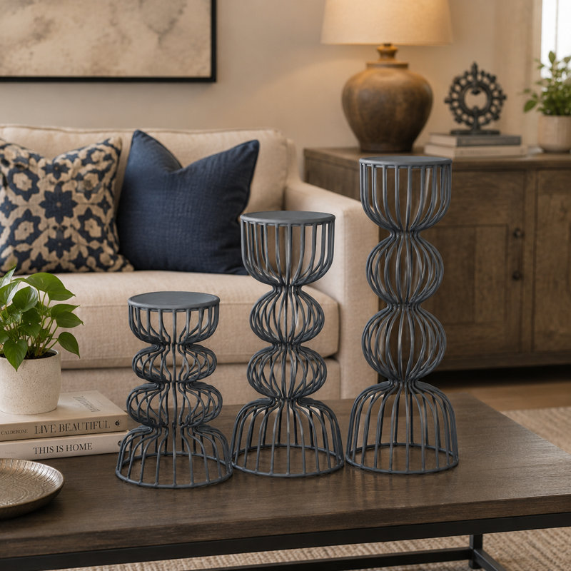 Handcrafted Lainon Metal Grey Tabletop Candlestick Set of 3, Gray