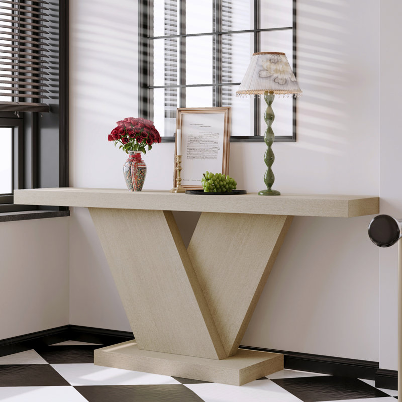 66" L Modern X-Leg Console Table With Solid Wood Veneer, Sturdy Entryway Hallway Table For Small Space, Mid-Century Narrow Sofa Table With Geometric Design & Wide Top, Oak Wash
