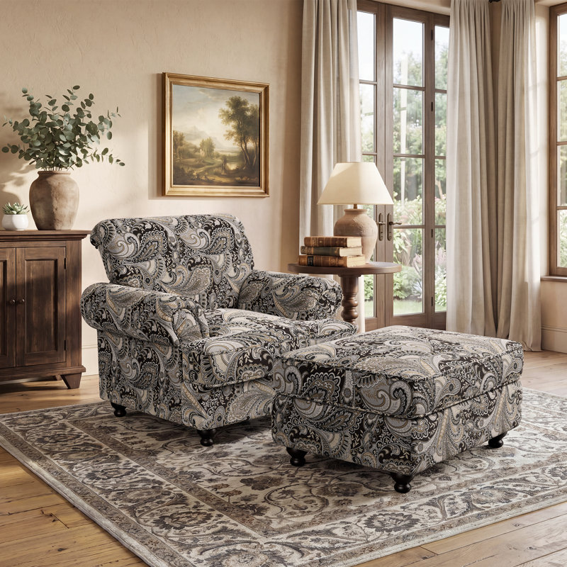 Estelle Accent Chairs With Ottoman, Comfy Upholstered Armchair With Solid Wood Legs