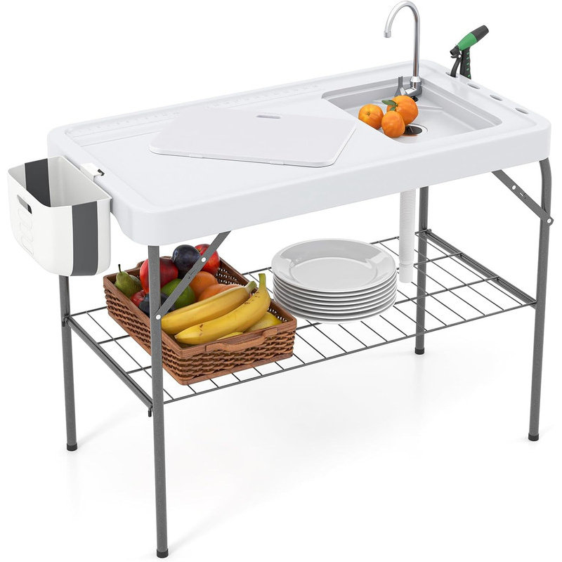 Folding Fish Cleaning Table with Sink, Portable Camping Table with Faucet Drainage Hose & Sprayer, Outdoor Fish Fillet Cleaning Station with Grid Rack for Picnic Fishing