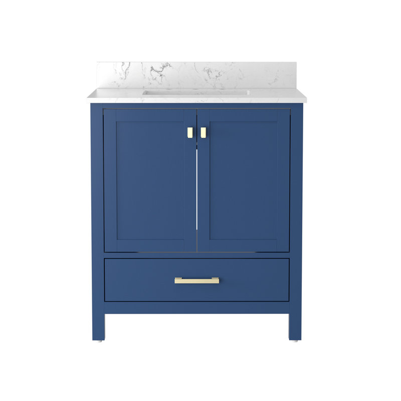 Meuble-lavabo de 30 pouces en bois massif bleu avec lavabo intégré et tiroirs à fermeture en douceur