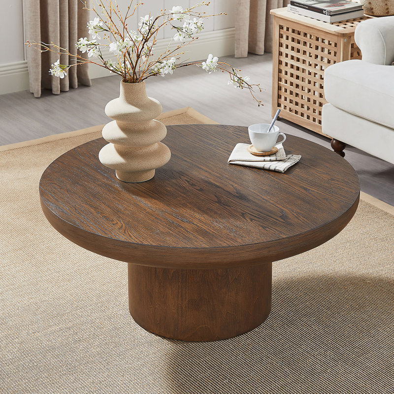 Table basse ronde 35,98 pouces avec pieds cylindriques et plateau de table en placage de bois