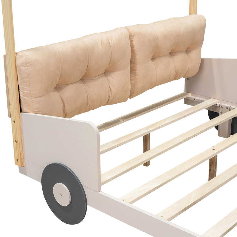 Lit en forme de voiture en bois ludique avec coussin moelleux, toile de plafond et lumières à DEL