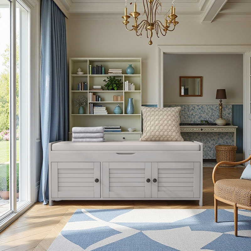 Upholstered Storage Bench with 2 Cabinets, Gray Washed