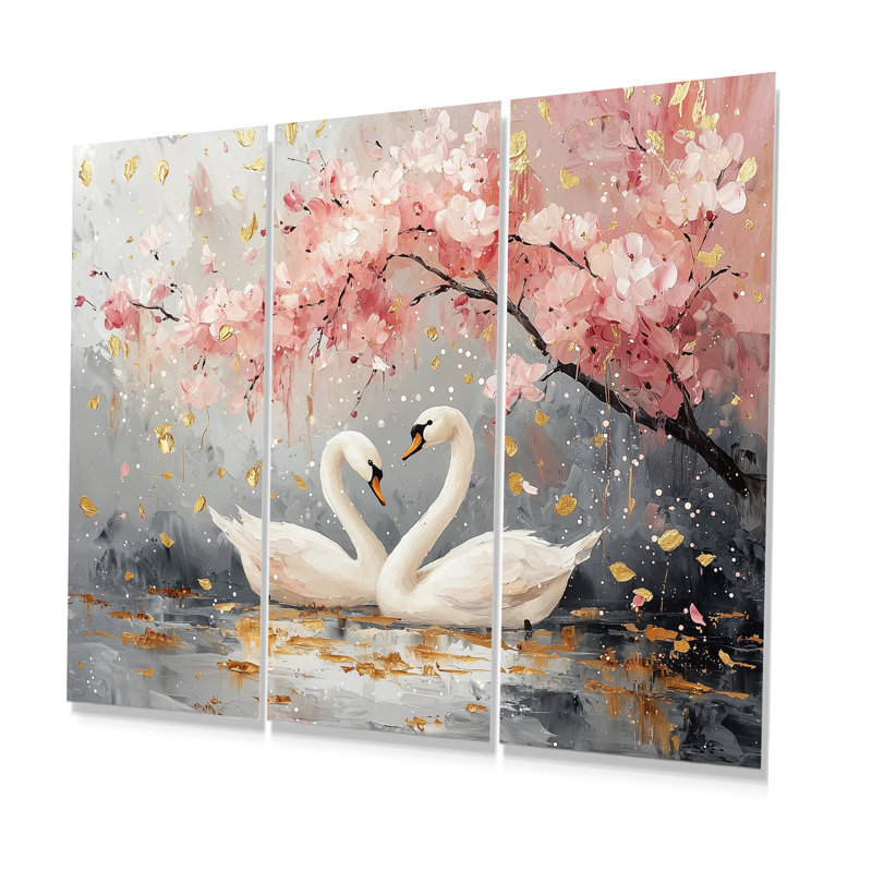 Ensemble de salon art mural cygne rose et or Love Under Cherry Blossom II, Métal métal, H 28 po x l 36 po x P 1 po
