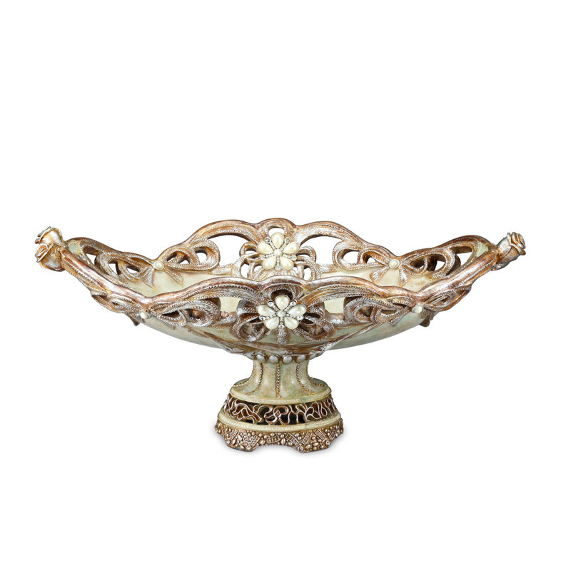 Handcrafted Beige and Gold Resin Decorative Bowl with Faux Pearls and Diamonds