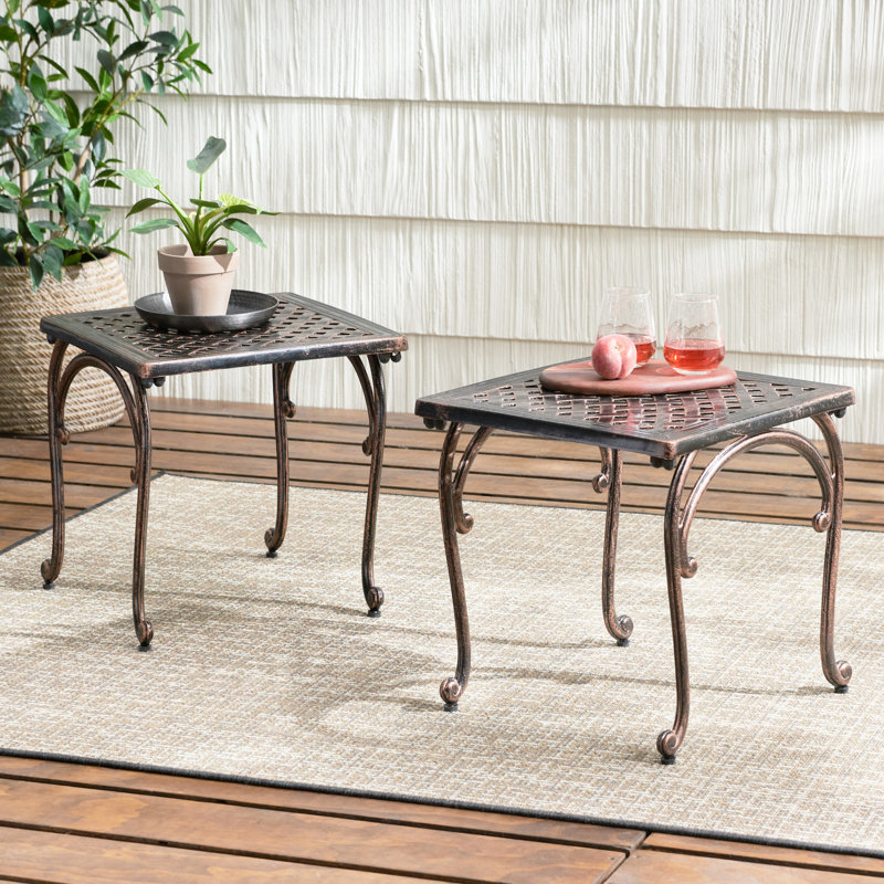 2pcs Kd Cast Aluminum Tables - 18" H X W Weathered Copper Finish Square Tabletop With Woven And Small Round Feet For Backyard Garden End Construction Outdoor Seating