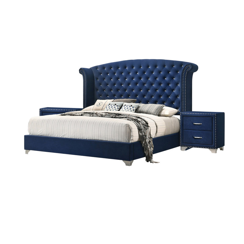 Ensemble de chambre pour très grand lit, tapissier, bleu, chrome, 3 pièces avec 2 tables de chevet, Très grand lit