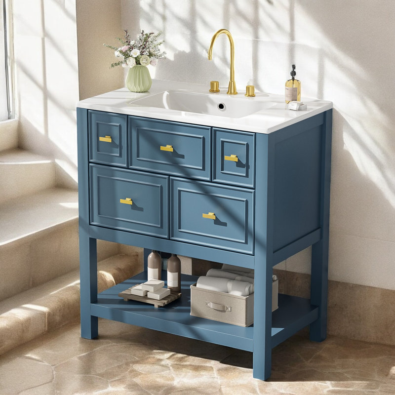 Meuble-lavabo simple autoportant de 30 po avec plateau en céramique, assemblage requis, Bleu