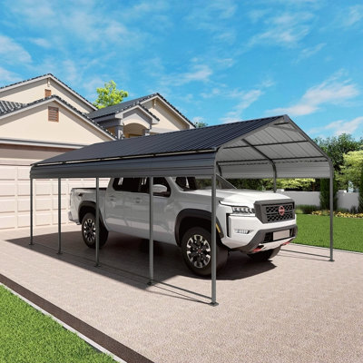 Abri d'auto en métal robuste de 12 pi x 20 pi avec toit en acier galvanisé avec abri de voiture extérieur à base améliorée pour voitures, camions et bateaux
