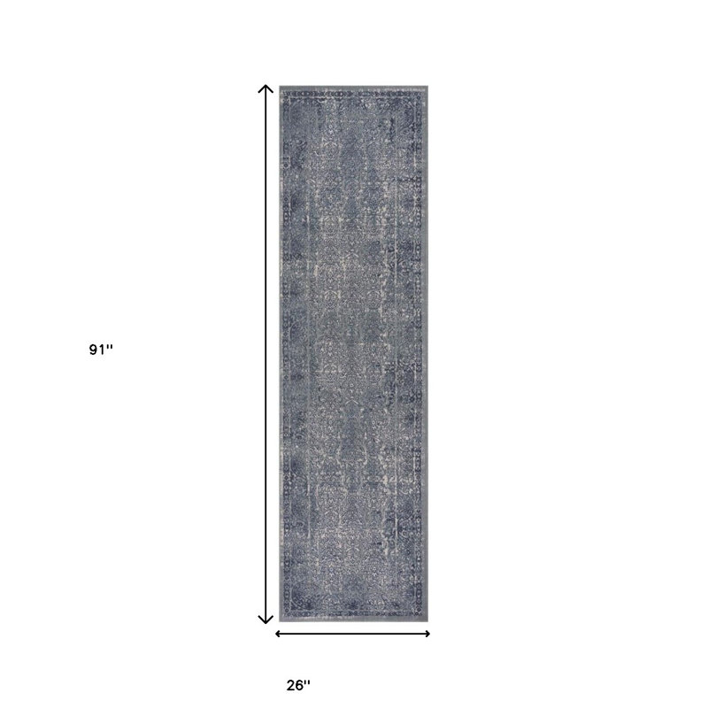 Tapis de couloir damassé 8 pi bleu argenté, gris et crème