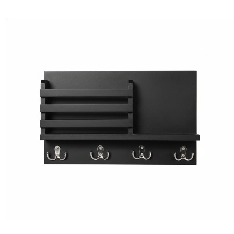 Wood Wall Organizer with Key Hooks, Black