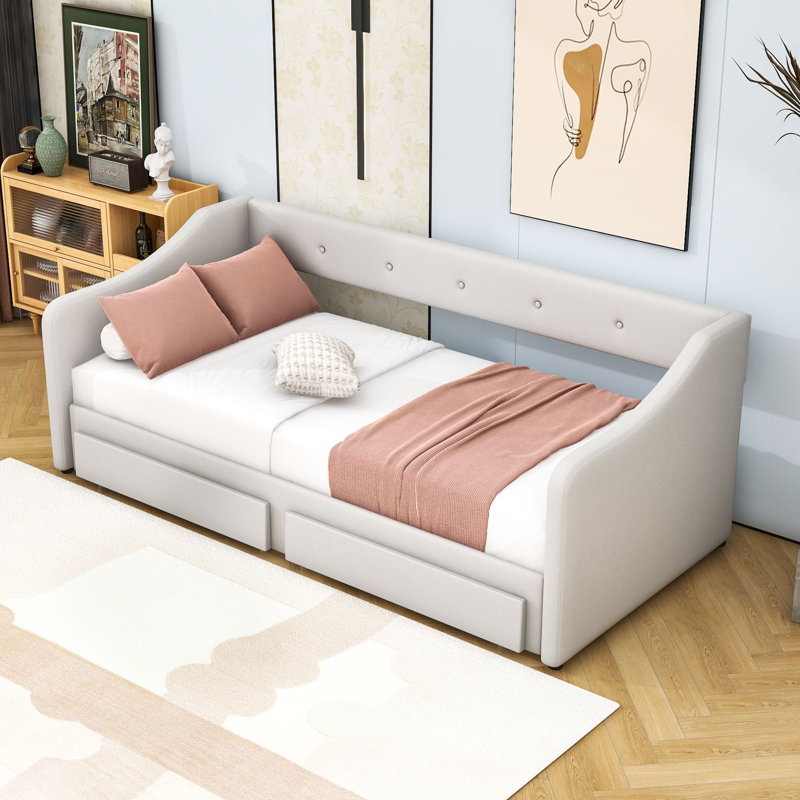 Twin XL Two Drawers Upholstered Daybed with Slats, Beige