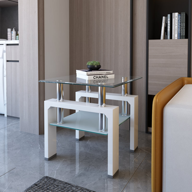 Midori Glass Top End Table, White