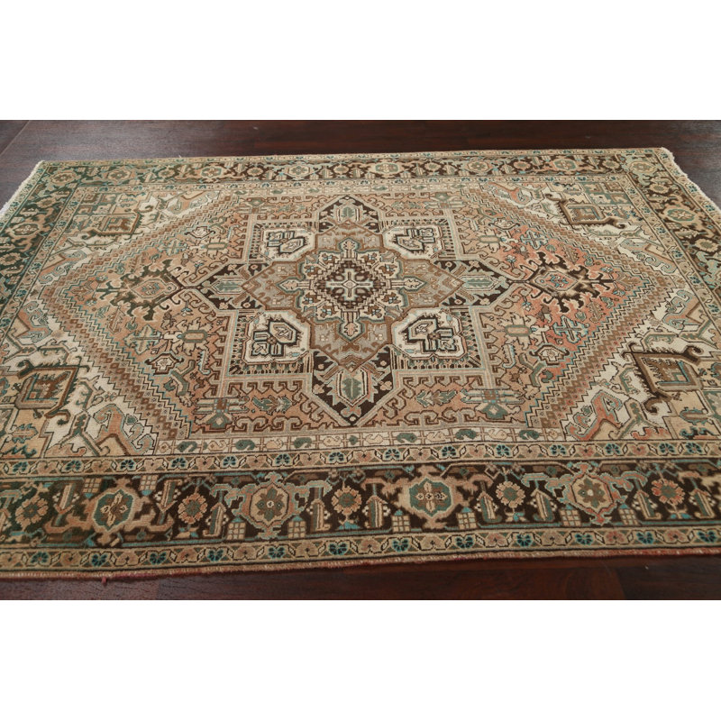 Tapis à motif géométrique vieilli Persian Heriz noué à la main 7 x 9