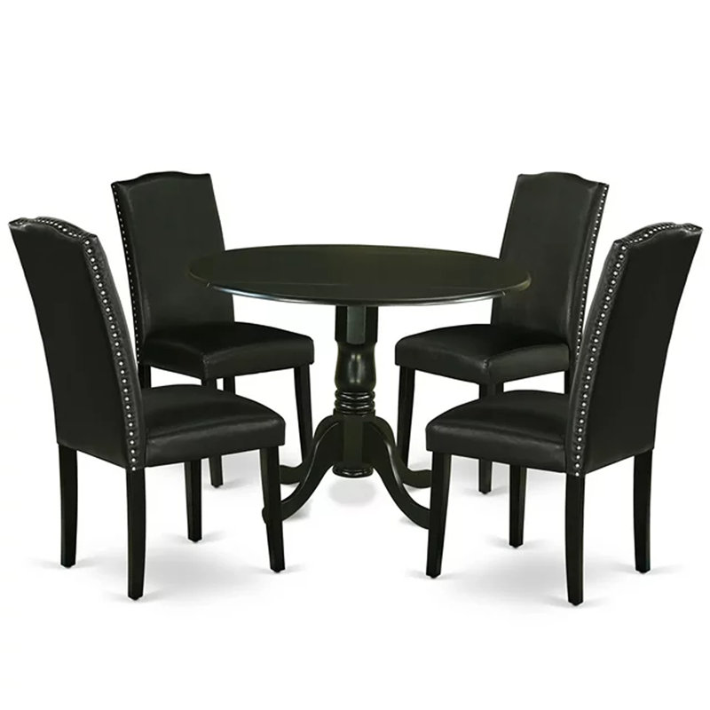 5 Piece Dining Room Furniture Set Includes a Round Dining Table with Dropleaf and 4 Black Faux Leather Upholstered Chairs, 42x42 Inch, Black