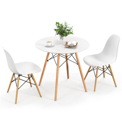 George Oliver 3 Pieces Dining Table Set Modern Round Table & 2 Chairs W/ Wood Leg White by George Oliver