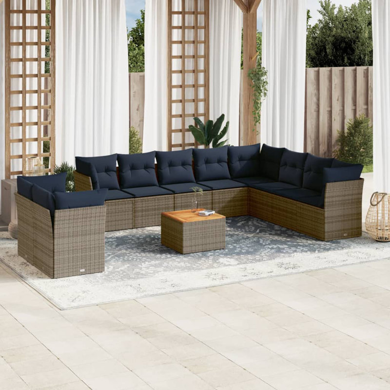 Ensemble de canapé de patio 11 pièces avec coussins en rotin de polyester, Gris, Marine