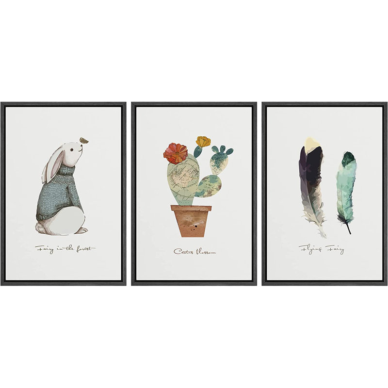 IDÉE4WALL, ensemble de reproductions d'art encadrées, lapin, cactus et plumes, trio, nature sauvage, illustrations, art moderne, rustique, pastel coloré pour le salon, la chambre à coucher, le bureau