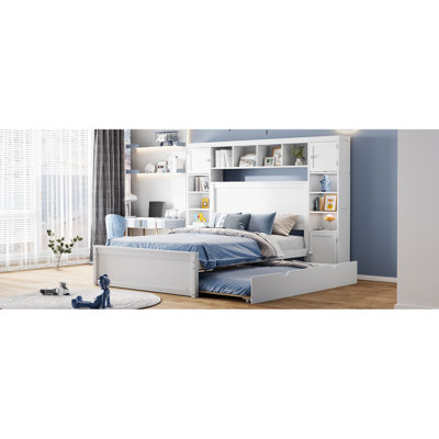 Wooden Bed With Allinone Cabinetshelf And Sockets Trundle
