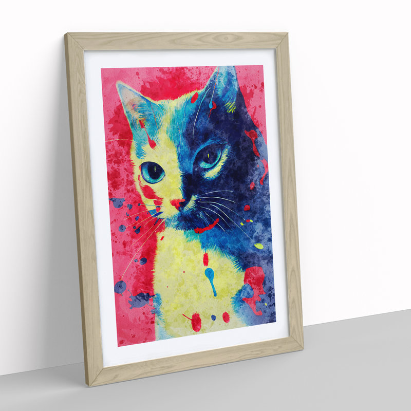 Catt Paint Splash No.3 - Wall Art, 66cm H x 48cm W x 2cm D, Oak Framed, White