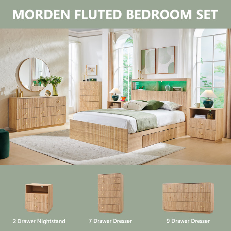 Fluted End Table with Charging Station, 21.65" Wide Side Table with 2 Drawers, Natural Wood