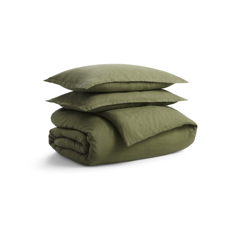 Stone Washed Modern & Contemporary Linen Duvet Cover, Queen Duvet Cover + 2 Queen Shams, Loden Green