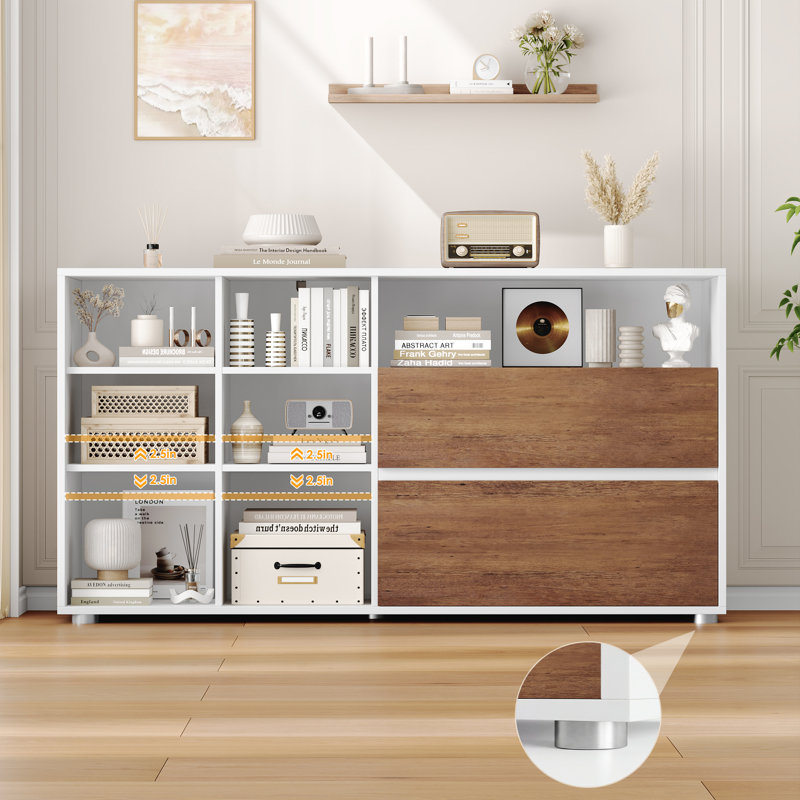 7 Storage Organizer Bookcase With Drawers & Adjustable Shelves, Horizontal Bookshelf For Bedroom, Living Room, Office