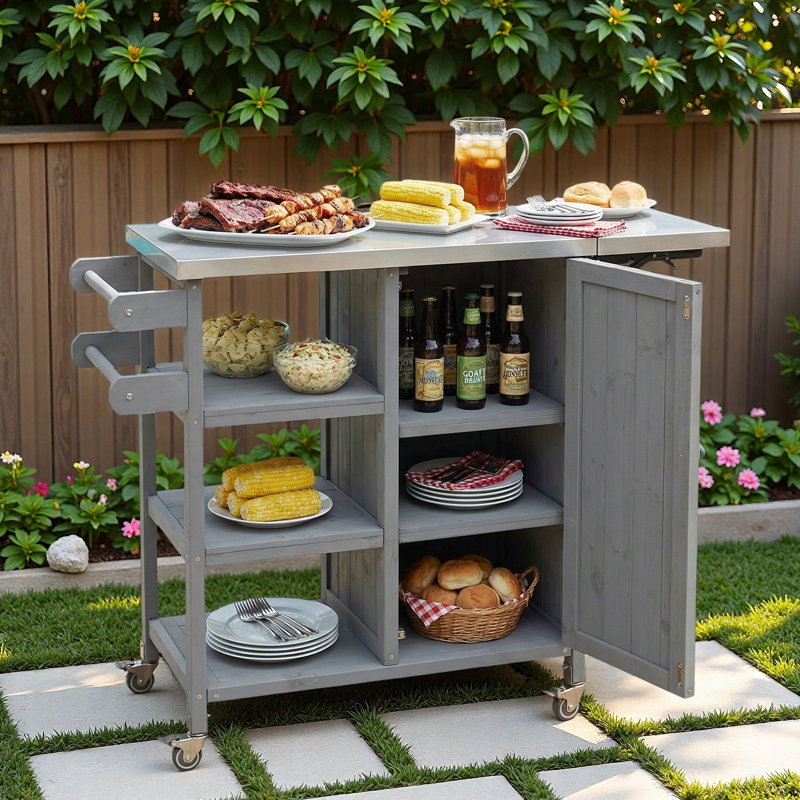 Îlot de cuisine extérieur pliable avec roulettes verrouillables, armoire de rangement et porte-serviettes, Gris