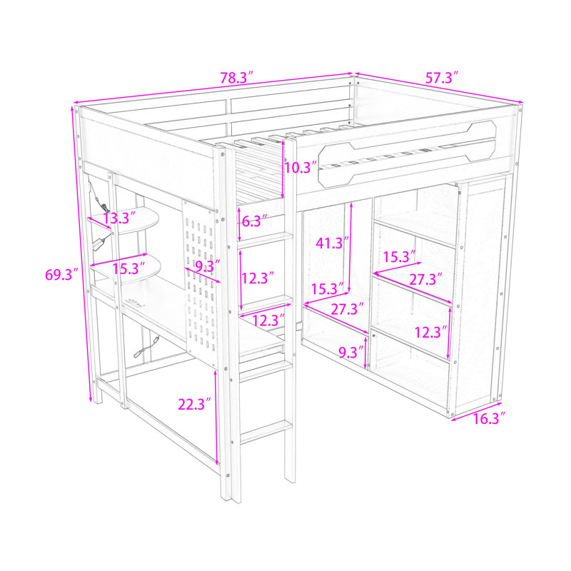 Lit mezzanine double avec bureau, garde-robe ouverte, éclairage RVB, station de charge et tablettes, Bleu